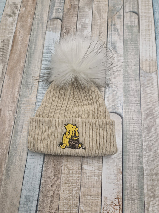 Unisex Baby Beige Single Fluffy Pom Pom Bear Hat