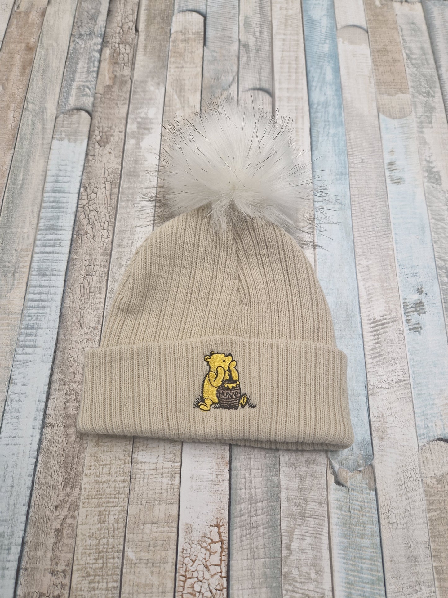 Unisex Baby Beige Single Fluffy Pom Pom Bear Hat