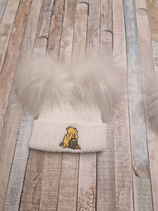 Unisex Baby White Double Fluffy Pom Pom Bear Hat