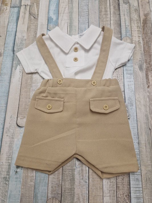 Baby Boys Beige Dungaree Short Set With White Shirt