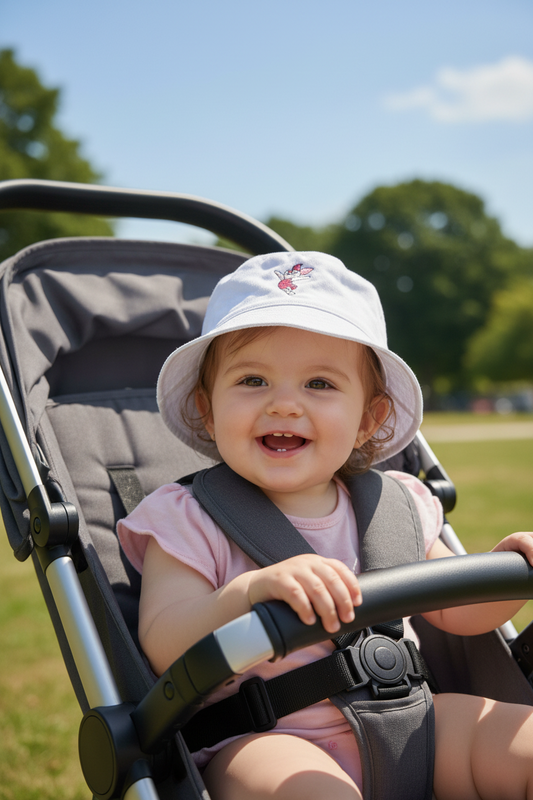White Bucket Hat With Embroidered Pink Piglet