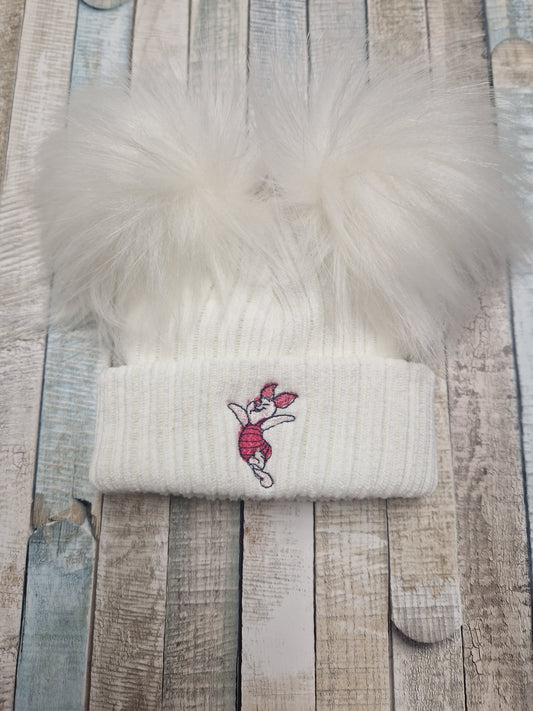 Baby White Knitted Double Fluffy Pom Pom Hat With Pink Piglet