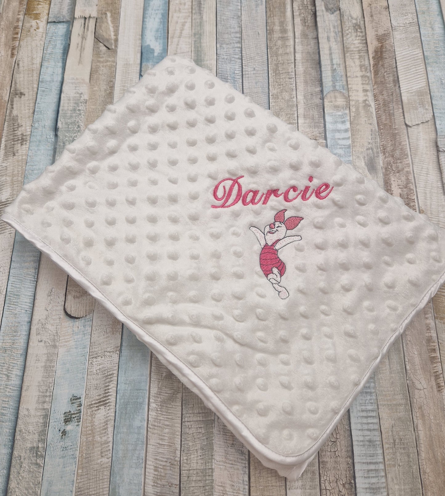 Personalised White Baby Dimple Wrap / Blanket With Pink Piglet