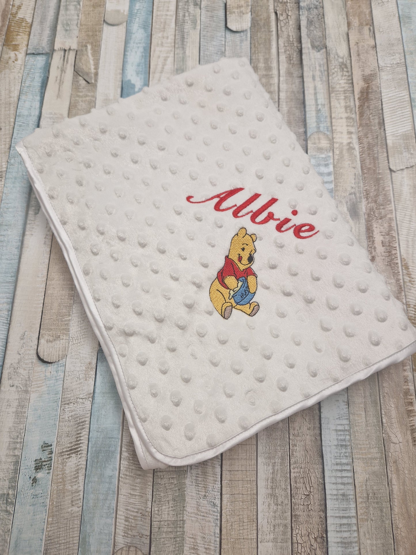 Personalised White Baby Dimple Wrap/ Blanket With Honey Bear