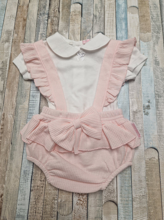 Baby Girls Pink And White Romper Set With Bow