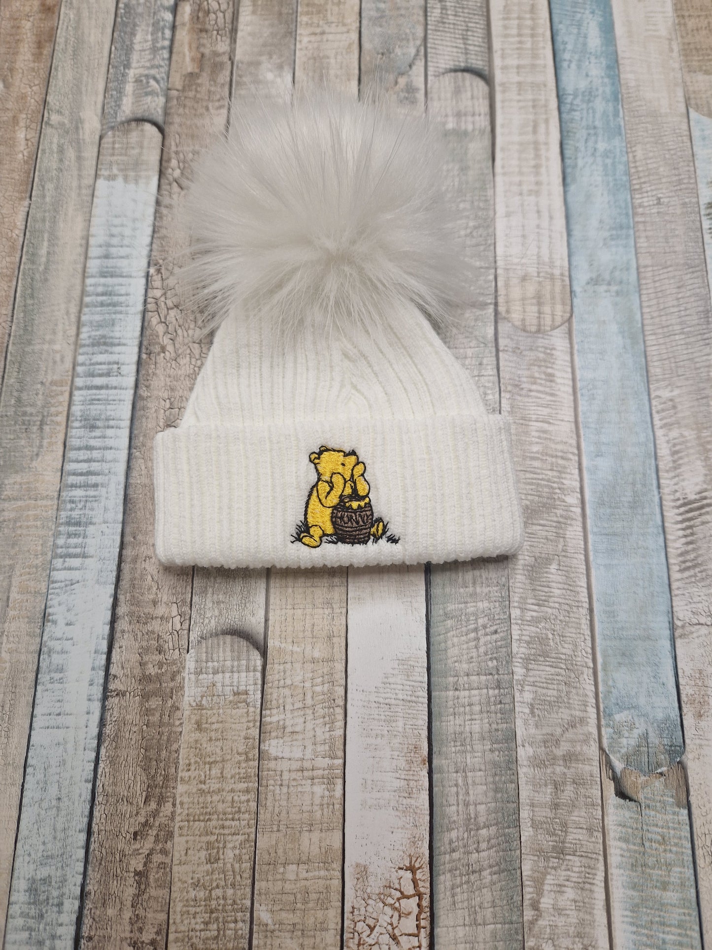 Unisex Baby White Single Fluffy Pom Pom Bear Hat