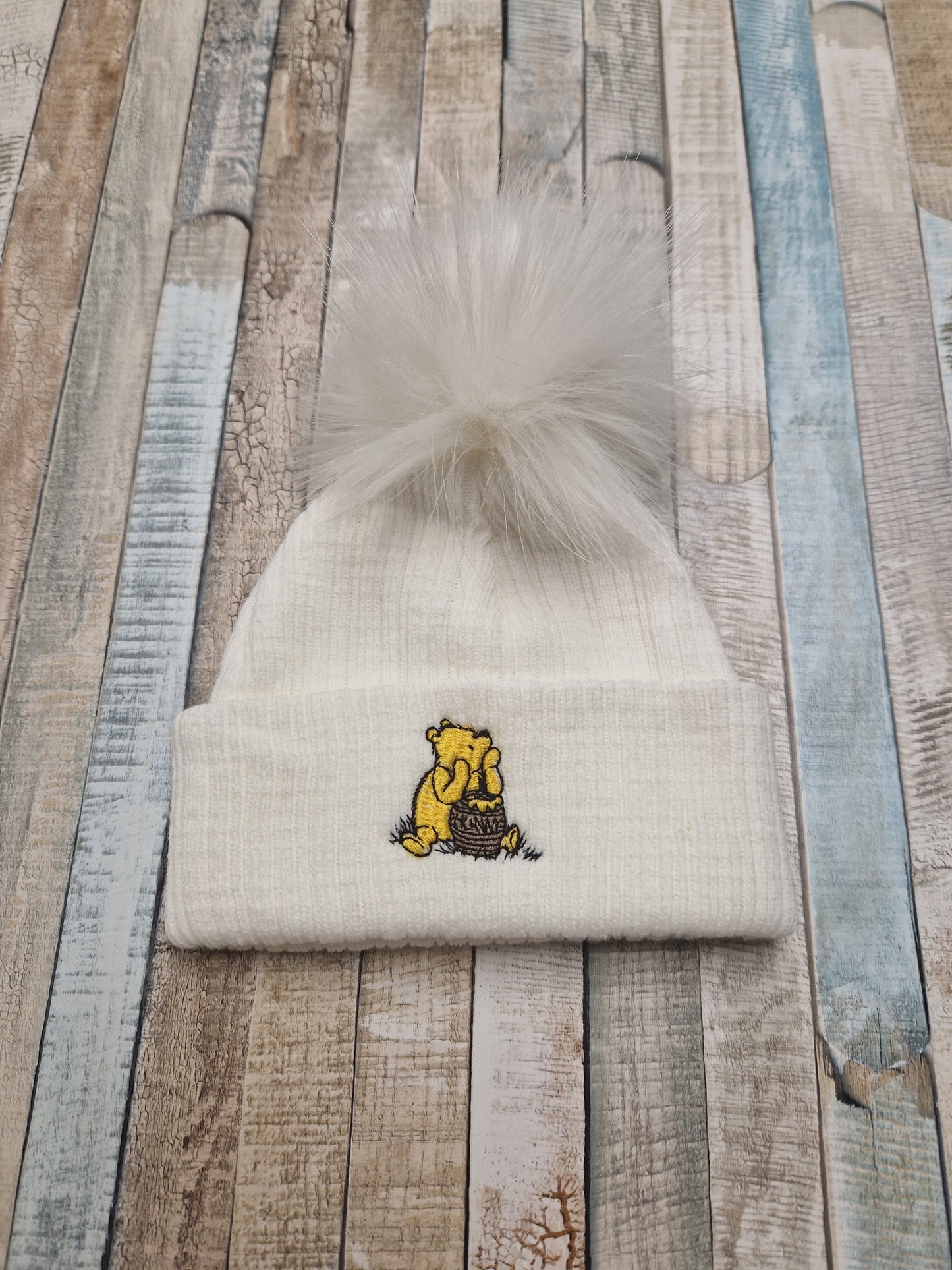 Unisex Baby White Single Fluffy Pom Pom Bear Hat