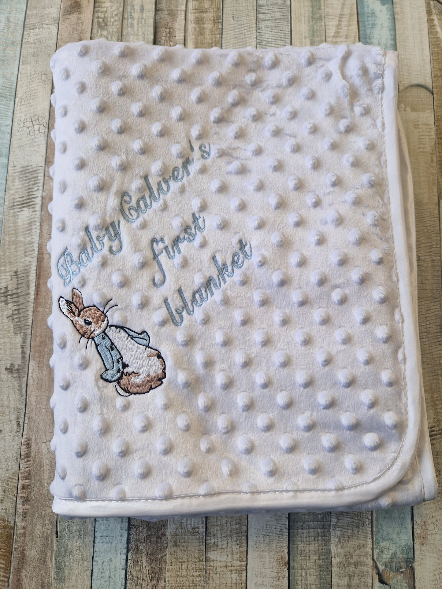 Personalised Baby Boys My First White Dimple Wrap/ Blanket With Blue Rabbit