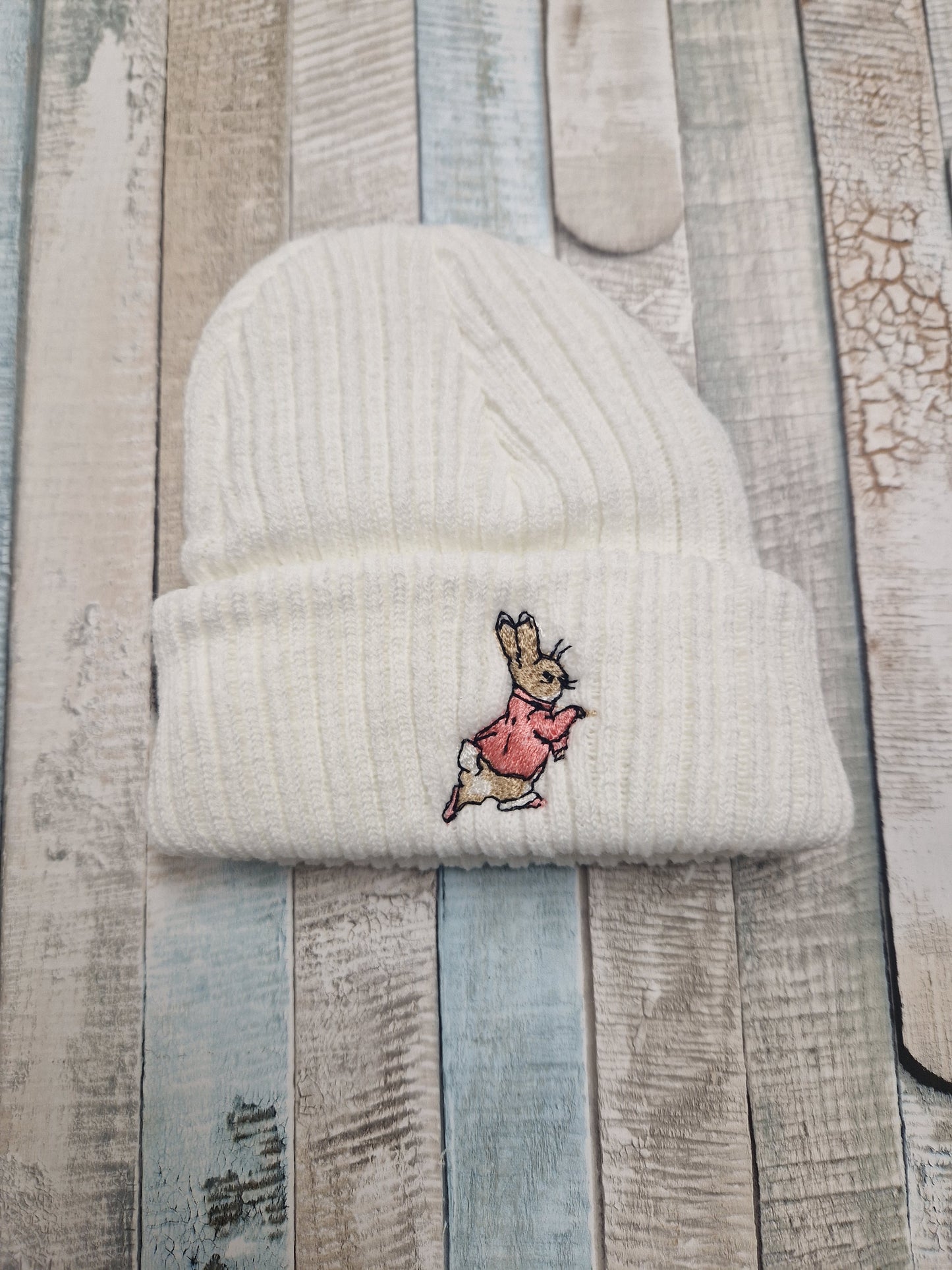 Baby Girls White And Pink Rabbit Knitted Beanie Hat