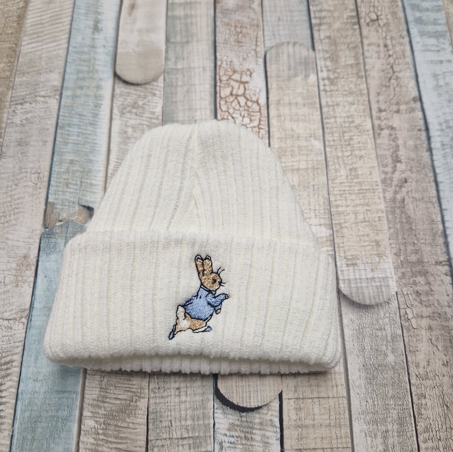 Baby Boys White And Blue Rabbit Knitted Beanie Hat