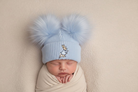 Baby Boys Blue Knitted Rabbit Double Blue Fluffy Pom Hat