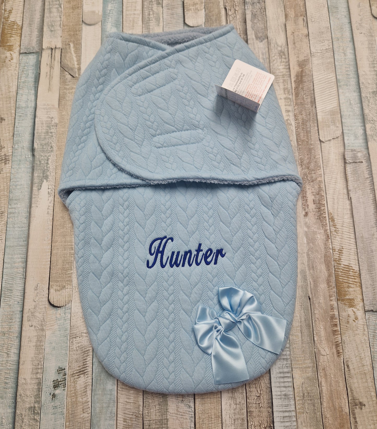 Personalised Baby Blue Knitted Cable Design Swaddle Wrap