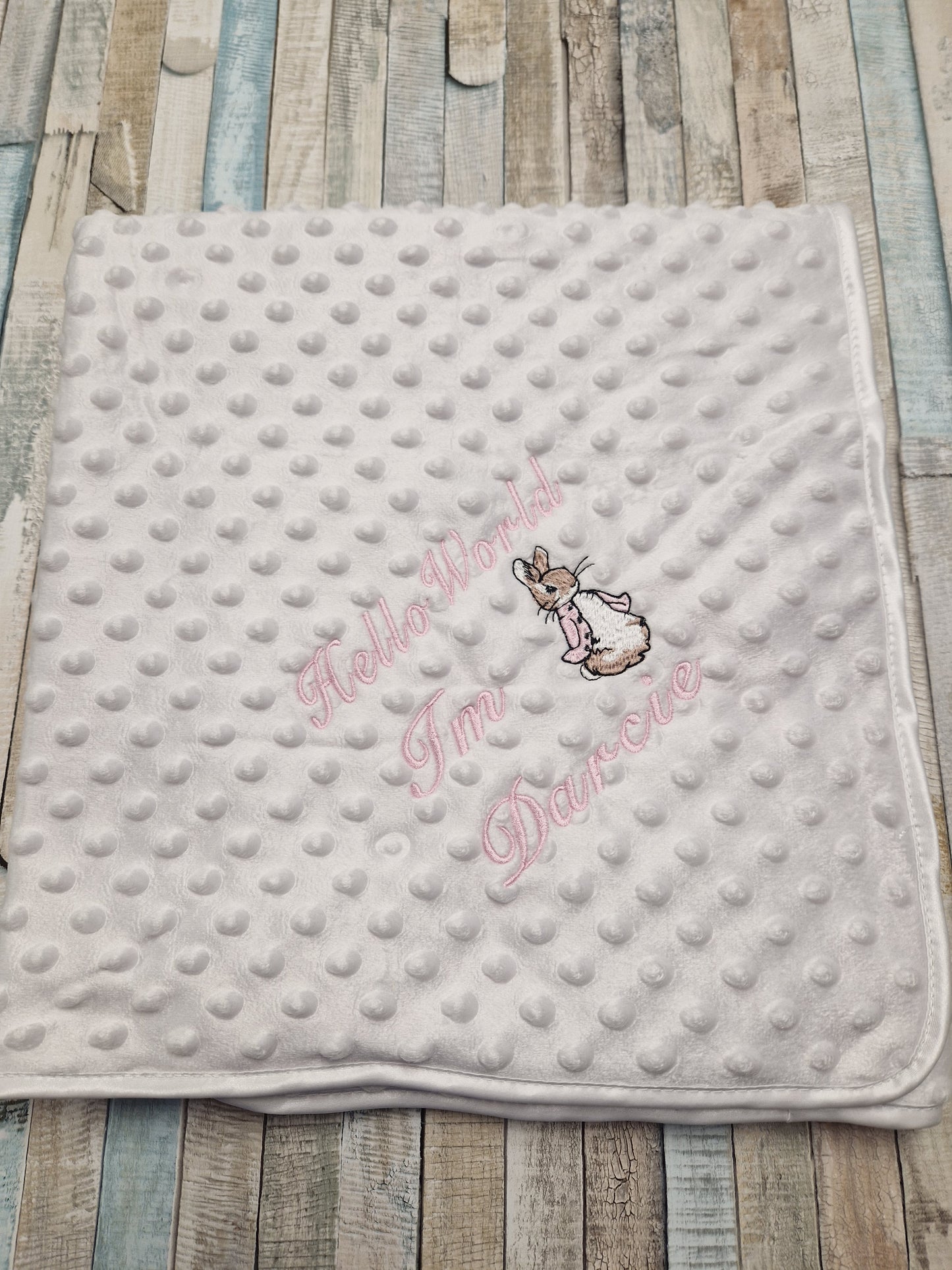 Personalised Hello World White Dimple Blanket/Wrap With Pink Rabbit