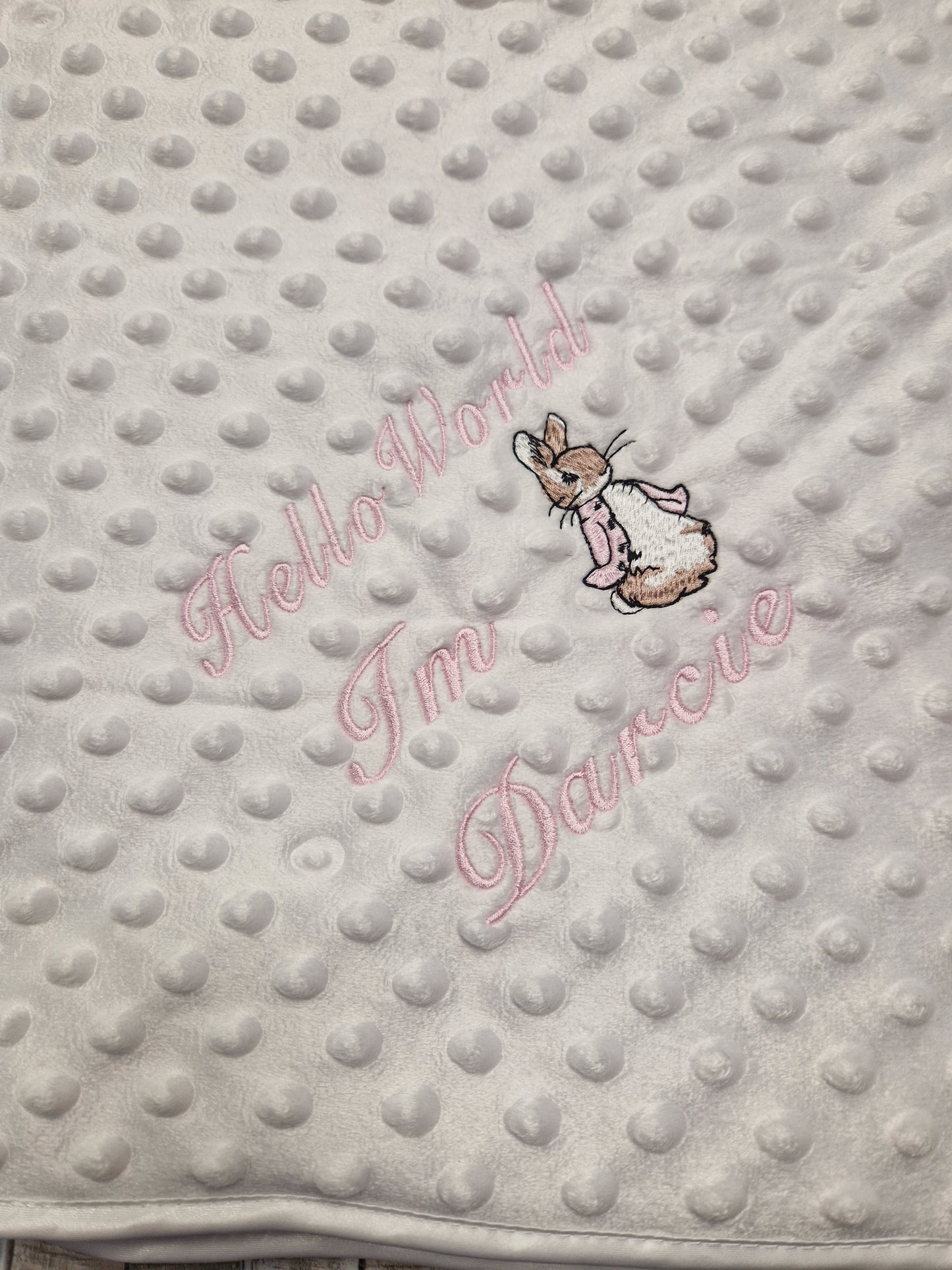 Personalised Hello World White Dimple Blanket/Wrap With Pink Rabbit