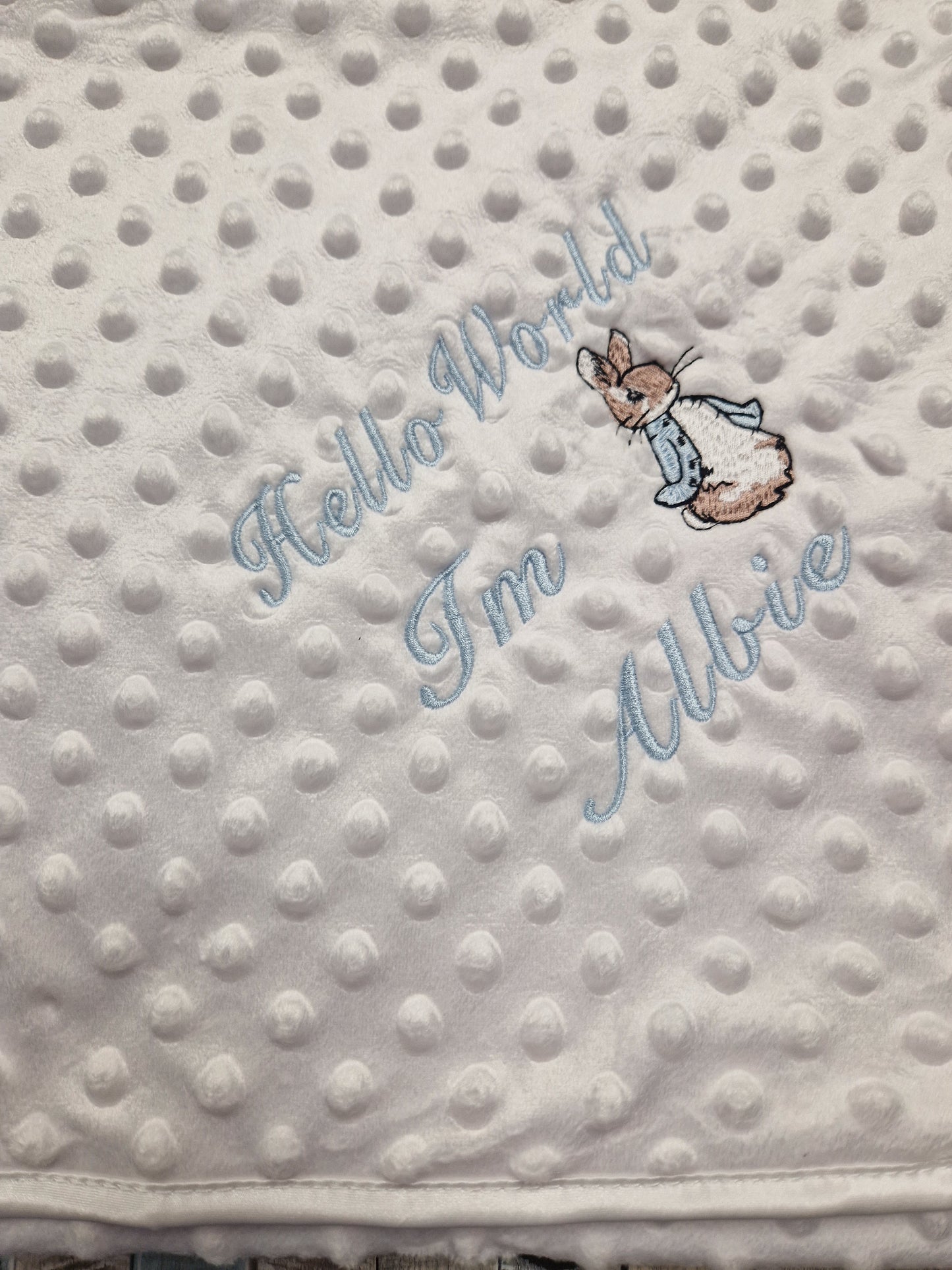 Personalised Hello World White Dimple Blanket/Wrap With Blue Rabbit