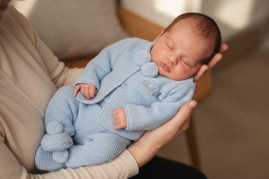 Personalised Baby Boys 2 Piece Blue Pom Pom Set