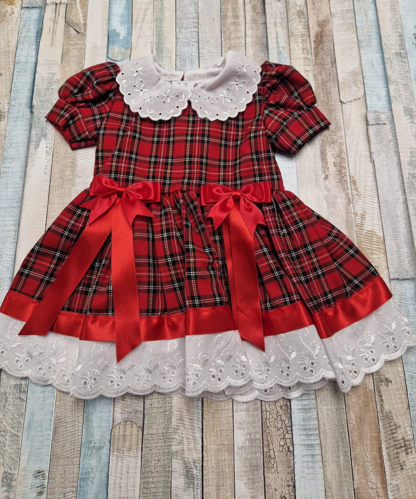 Baby Girls Red Tartan Dress With 2 Red Satin Bow