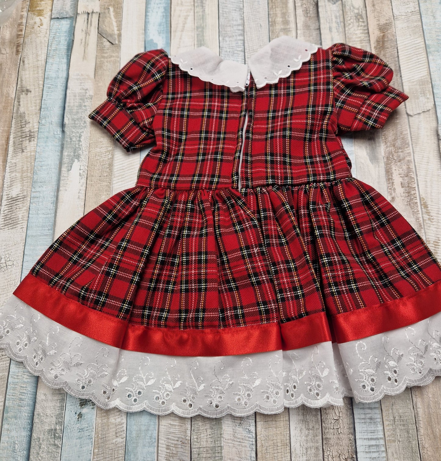 Baby Girls Red Tartan Dress With 2 Red Satin Bow