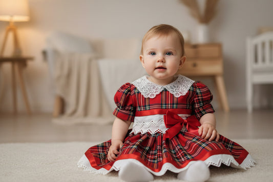Baby Girls Red Tartan Dress With Red 1 Satin Bow