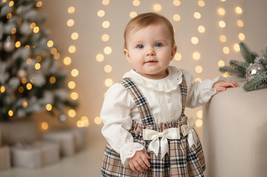 Baby Girls Beige Tartan And Cream Blouse Jam Pants Set