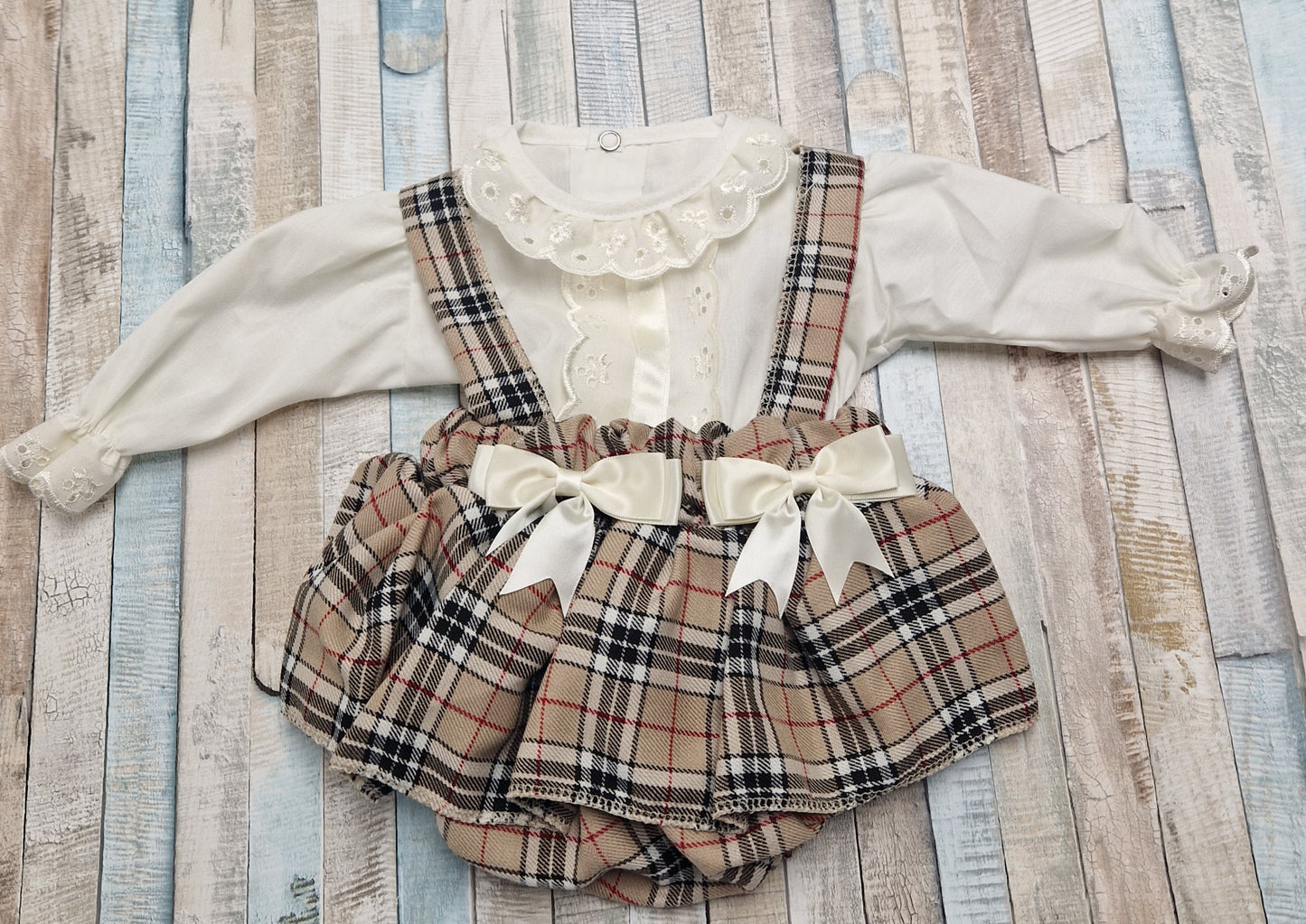 Baby Girls Beige Tartan And Cream Blouse Jam Pants Set