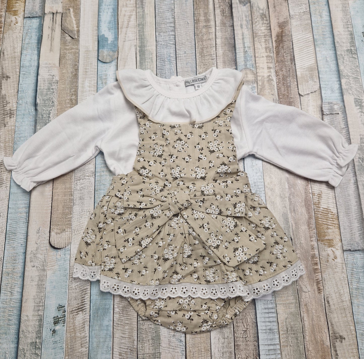 Baby Girls Beige And Cream Floral Dungaree Skirt Set