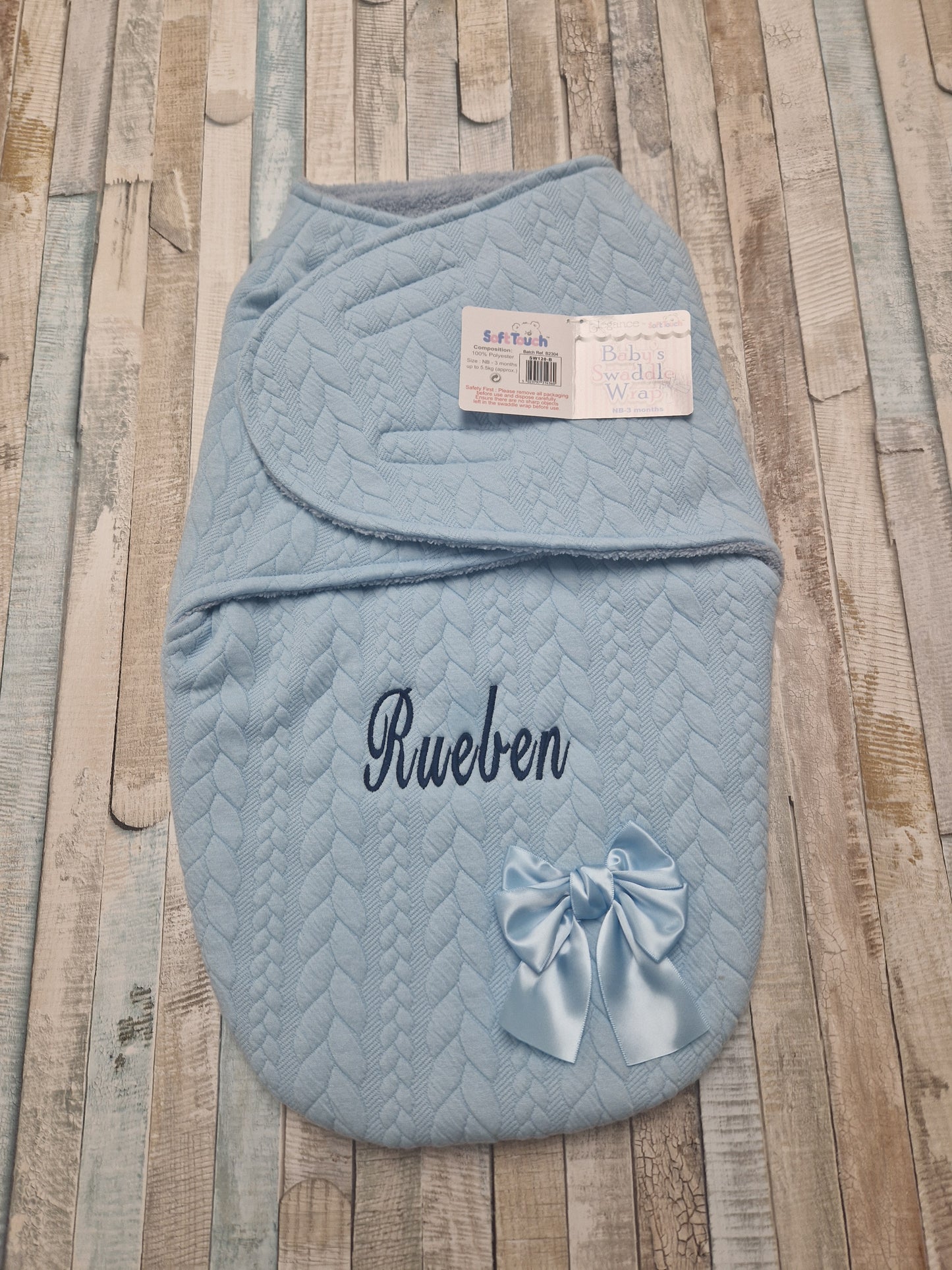 Personalised Baby Blue Knitted Cable Design Swaddle Wrap