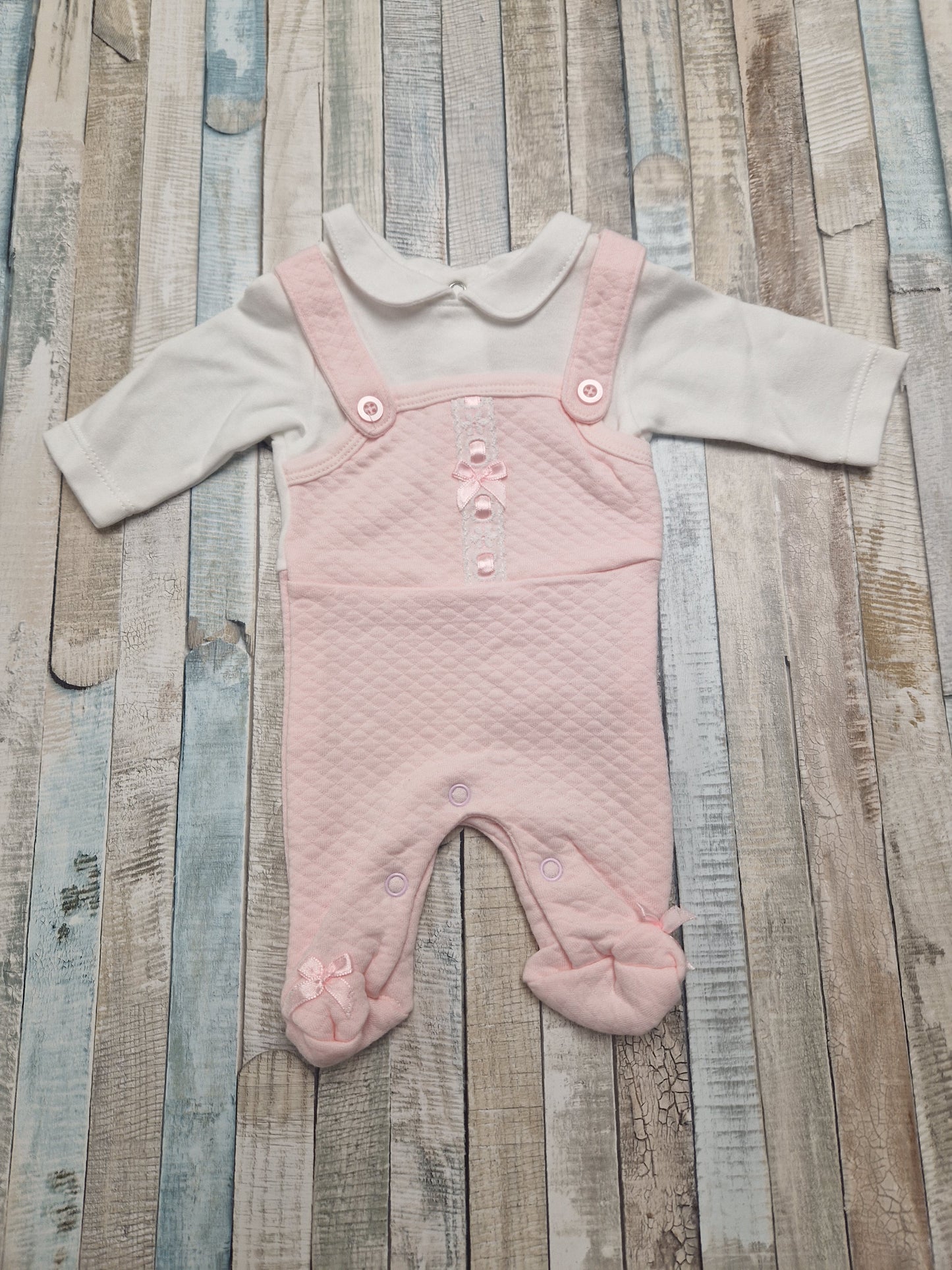 Premature Baby Girls Lace Pink And White Faux 2 Piece Dungaree set
