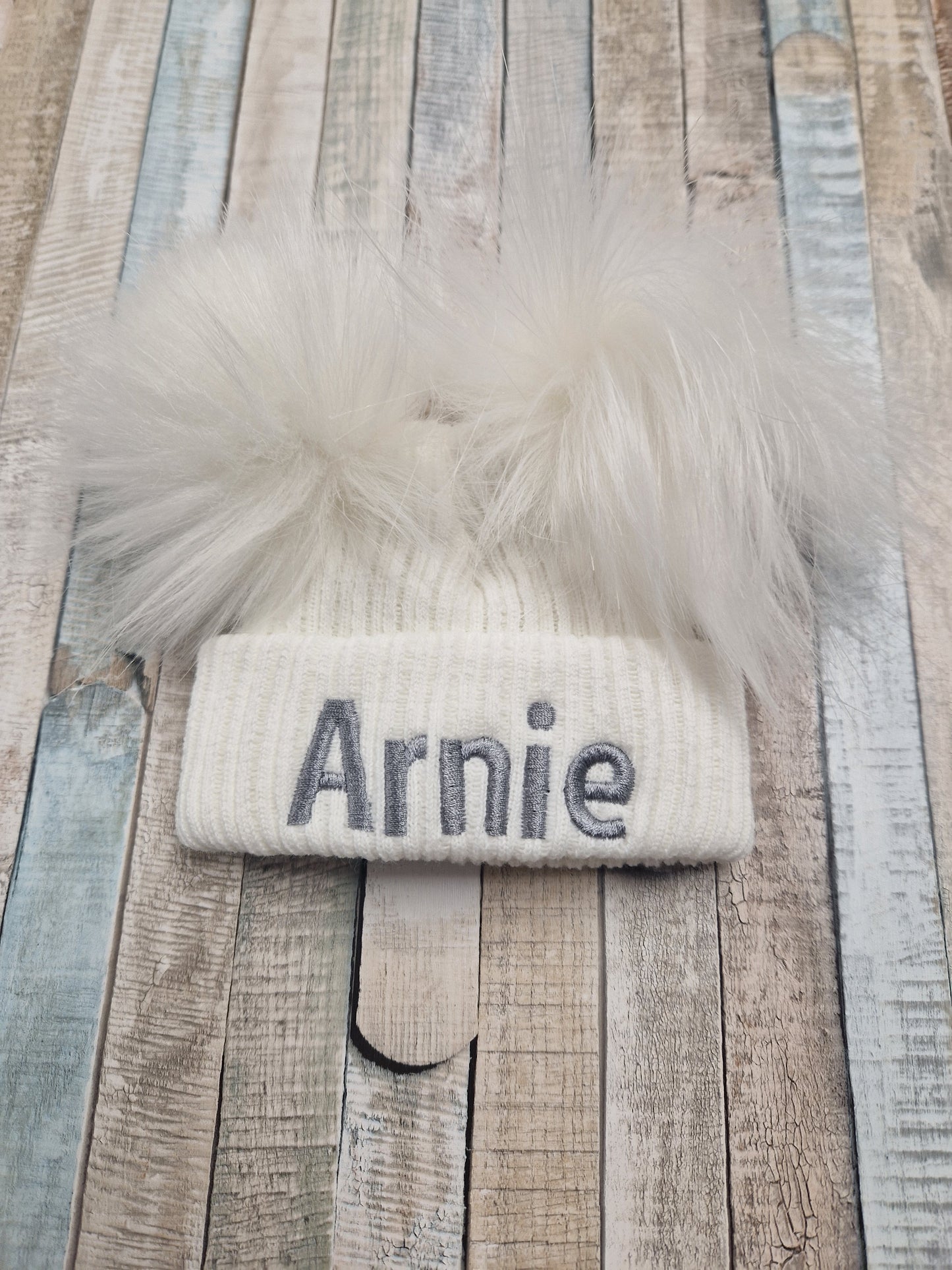 Personalised Baby White Knitted Double White Fluffy Faux Fur Pom Hat