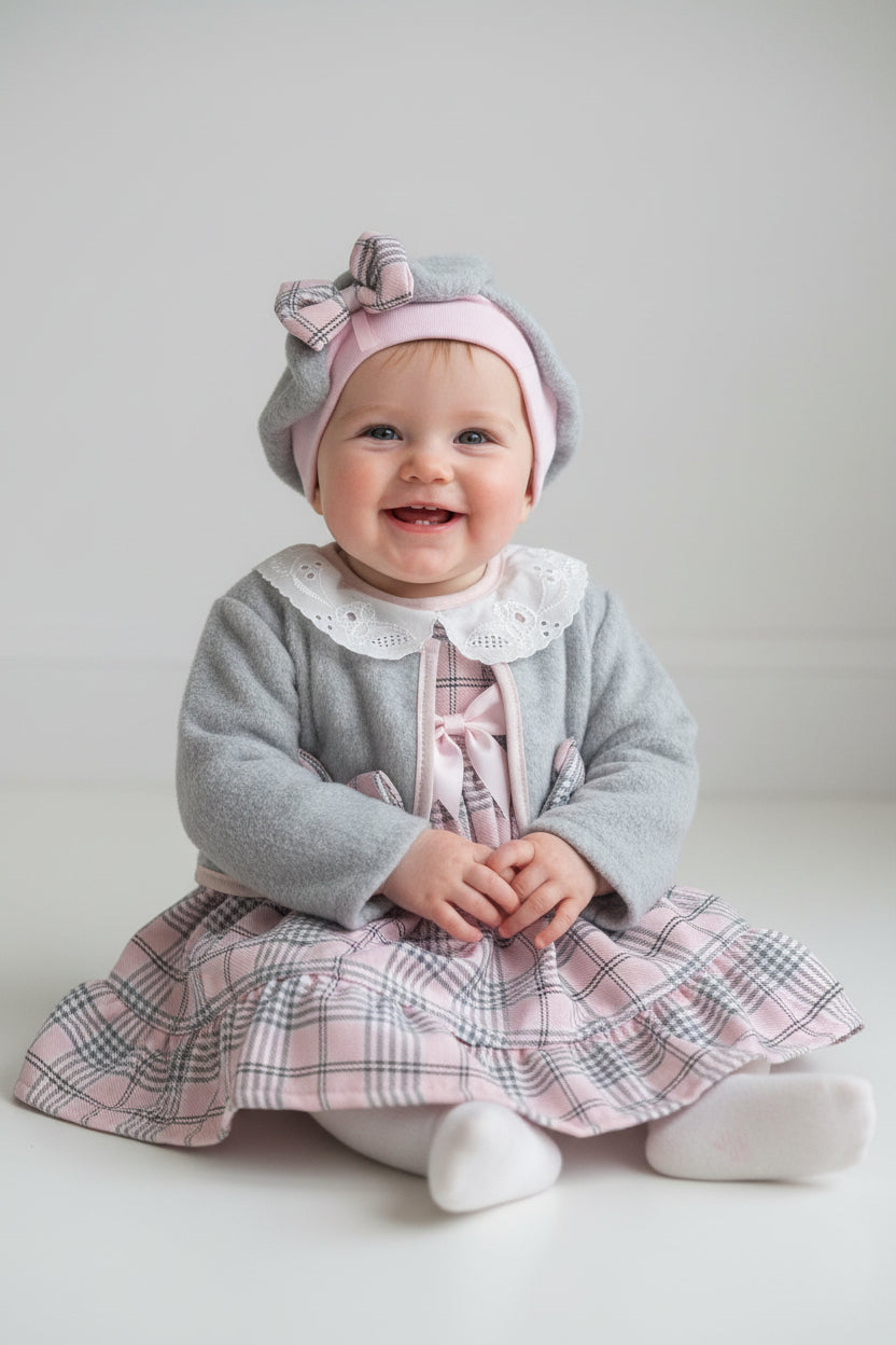 Baby Girls Pink And Grey Tartan Dress With Matching Jacket Hat