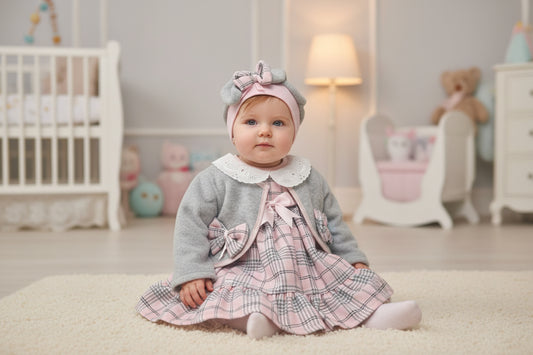 Baby Girls Pink And Grey Tartan Dress With Matching Jacket & Hat