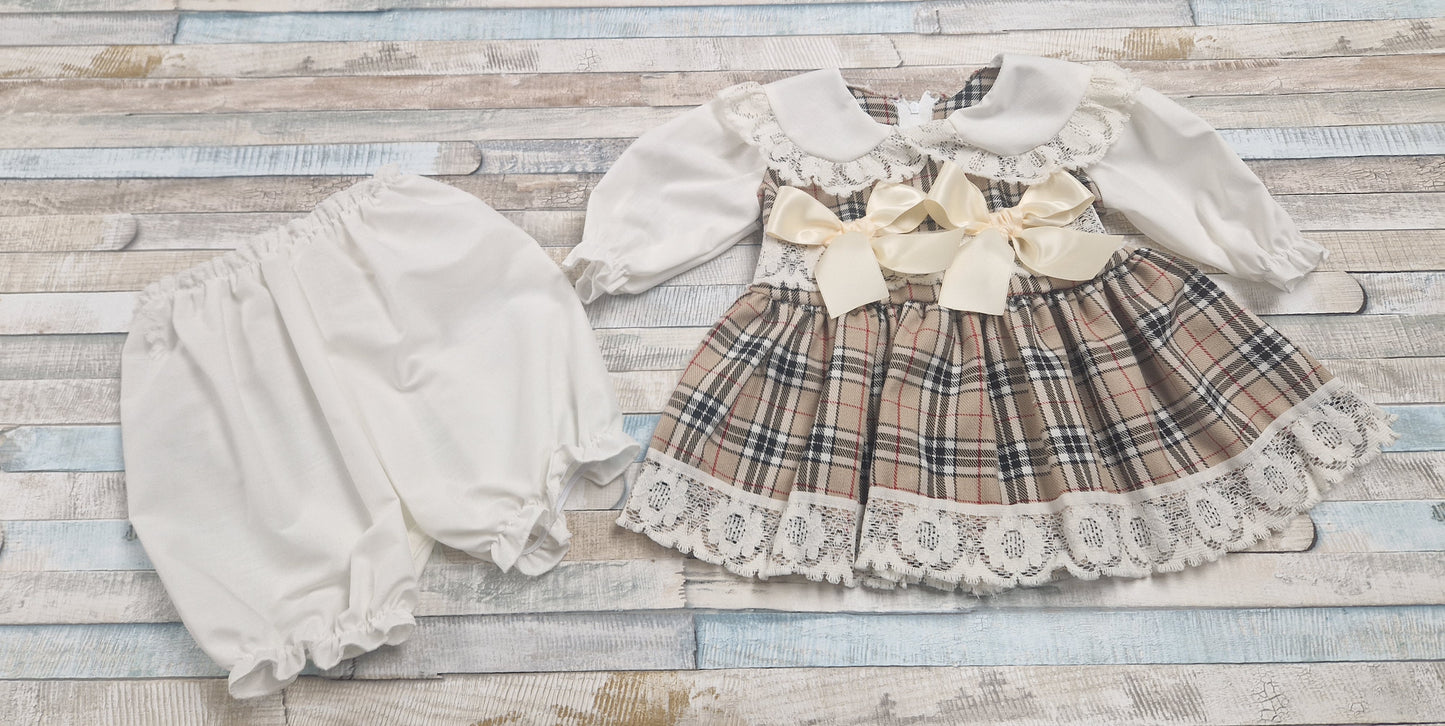 Baby Girls Fairy Tale Beige And Cream Tartan Dress And Bloomers.