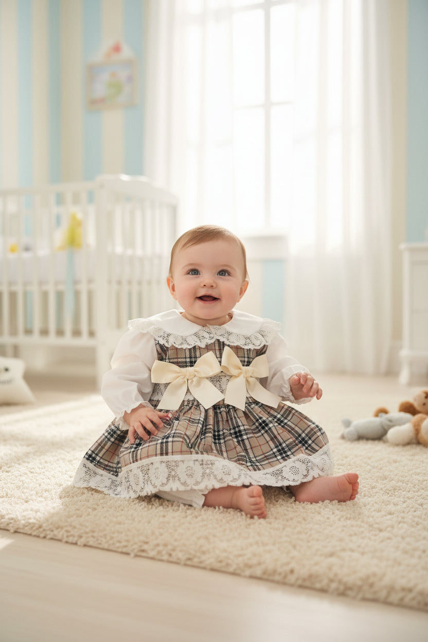 Baby Girls Fairy Tale Beige And Cream Tartan Dress And Bloomers