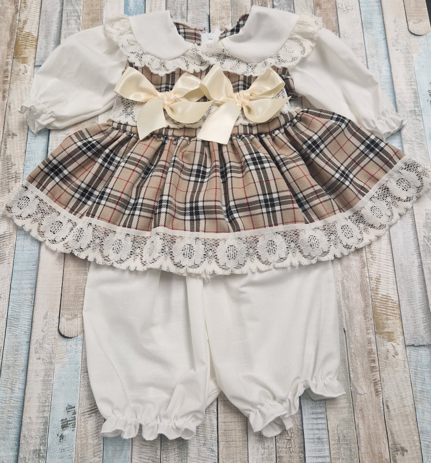 Baby Girls Fairy Tale Beige And Cream Tartan Dress And Bloomers.