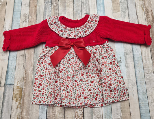 Baby Girls Floral Red Half Knitted Dress