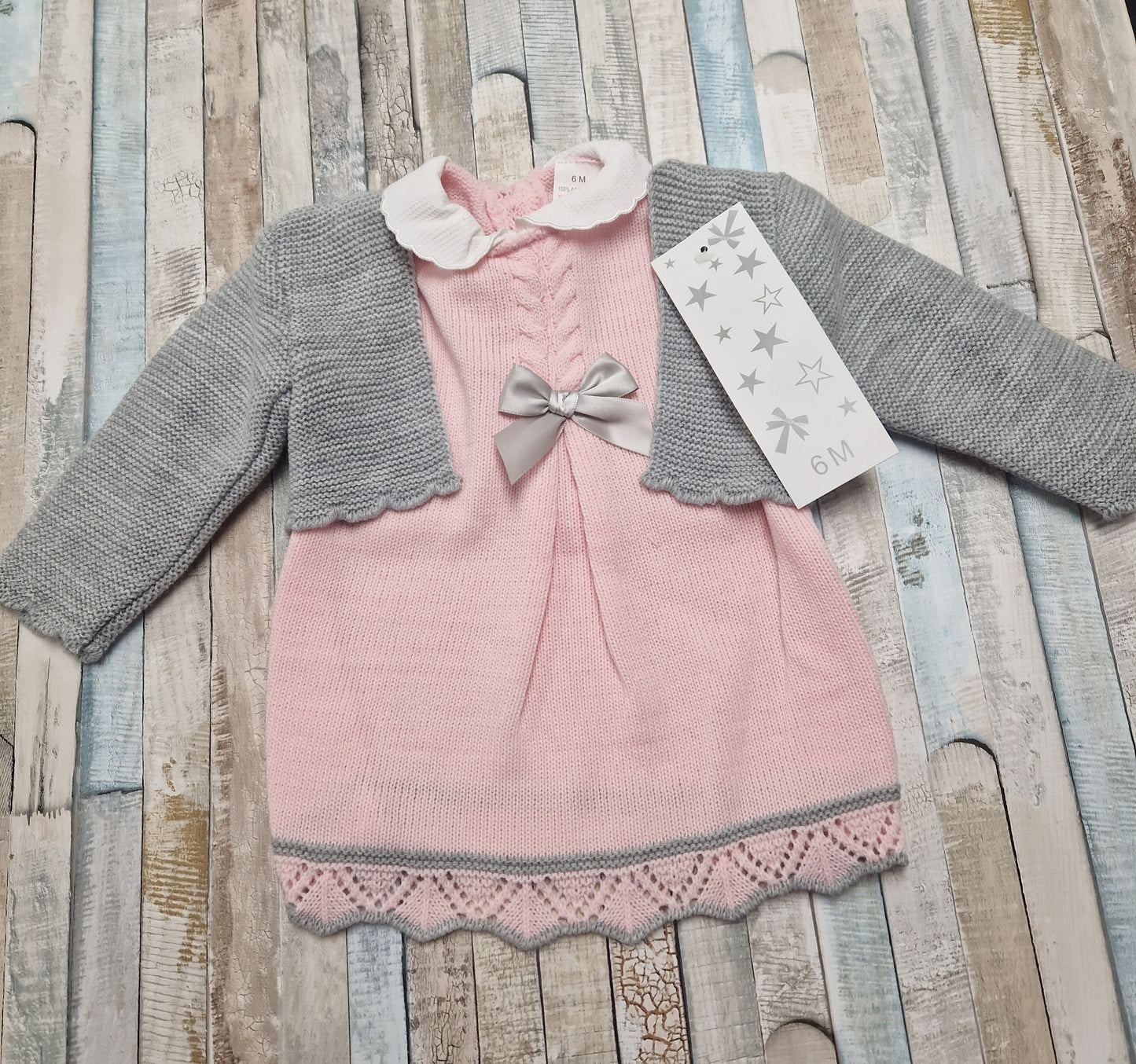 Baby Girls Pink And Grey Dress With Cardigan