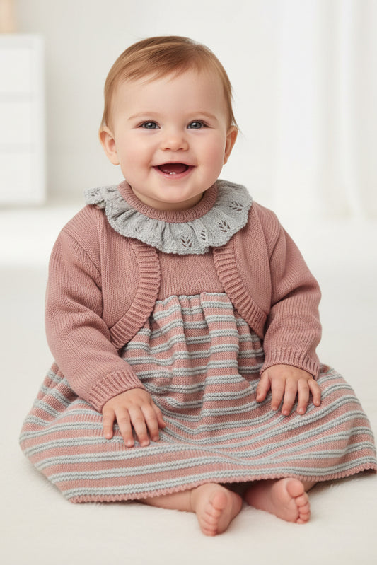 Baby Girls Dusky Pink And Grey Knitted Dress And Cardigan