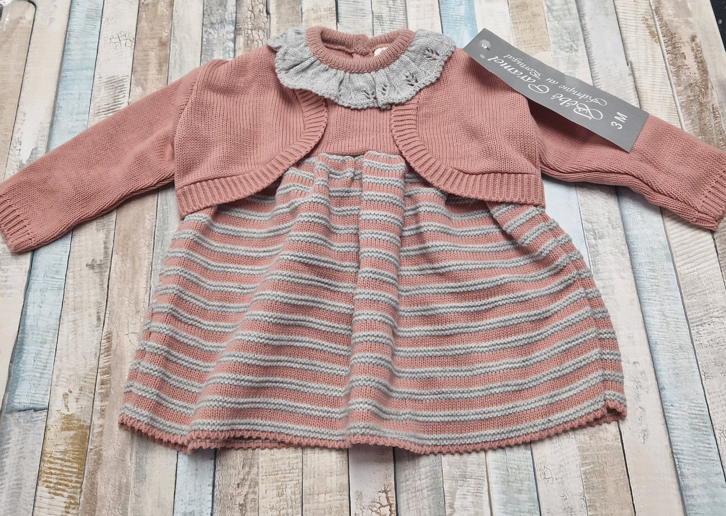 Baby Girls Dusky Pink And Grey Knitted Dress And Cardigan