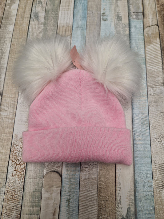 Nana's Special Buys Wee Me Baby Girls Double  & White Pom Pom Hat