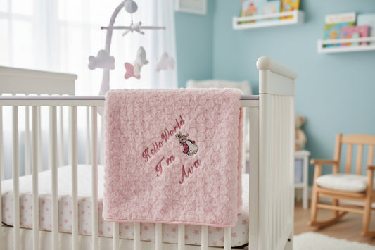 Personalised Hello World Pink Soft Rose Blanket/Wrap With Embroidered Pink Rabbit Design