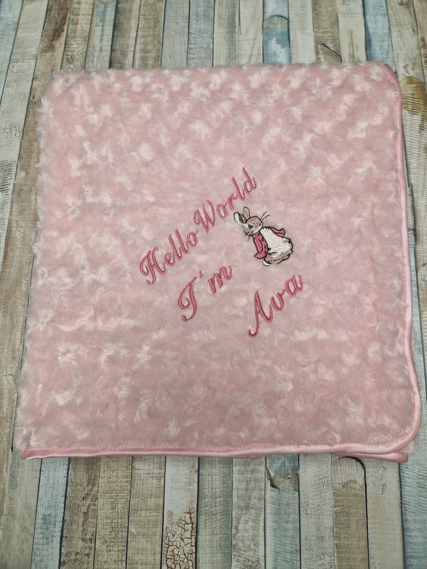 Personalised Hello World Pink Soft Rose Blanket/Wrap With Embroidered Pink Rabbit Design