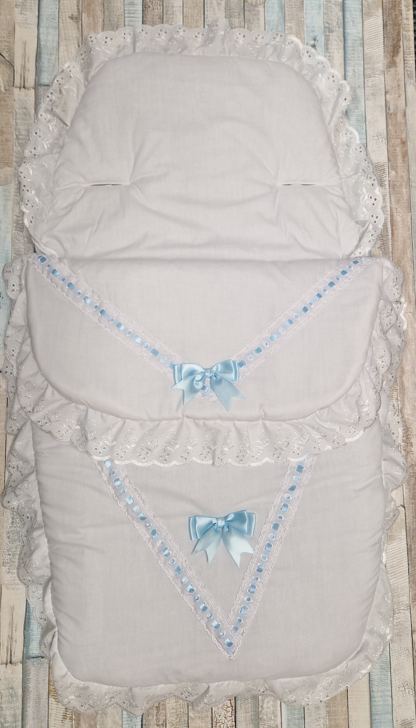 Baby Boys White And Blue Broderie Anglaise 2 Satin Bow Footmuff/ Cosytoes