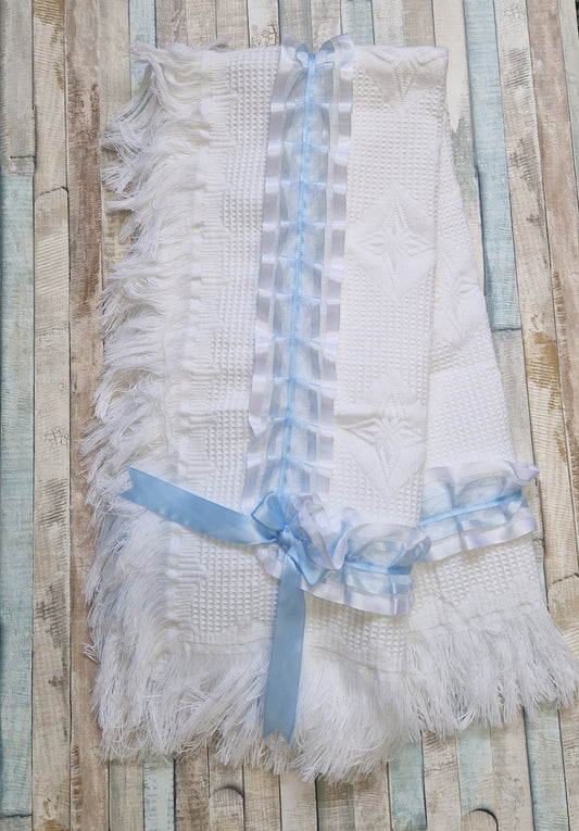 Baby Boys White & Blue Ruffle Lace Shawl