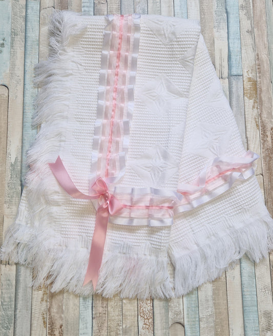 Baby Girl White & Pink Ruffle Lace Shawl