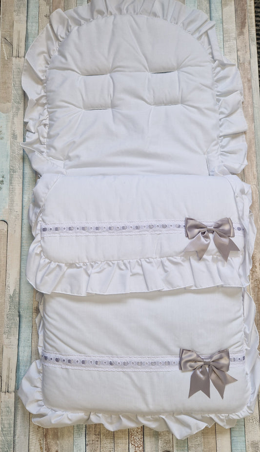 Unisex Baby White Frill Universal Pushchair Footmuff/ Cosytoes With Grey & Satin Bow To Side