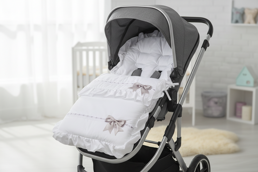 Unisex Baby White Frill Universal Pushchair Footmuff/ Cosytoes With Grey & Satin Bow To Side