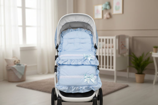 Baby Boys Blue Frill Universal Pushchair Footmuff/ Cosytoes With Blue Satin Side Bow