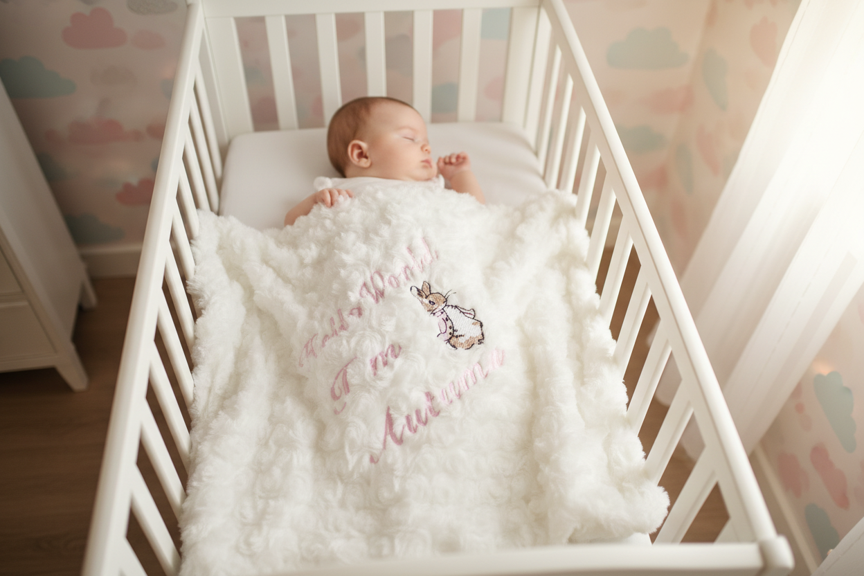 Personalised Hello World White Soft Rose Blanket/Wrap With Embroidered Pink Rabbit Design