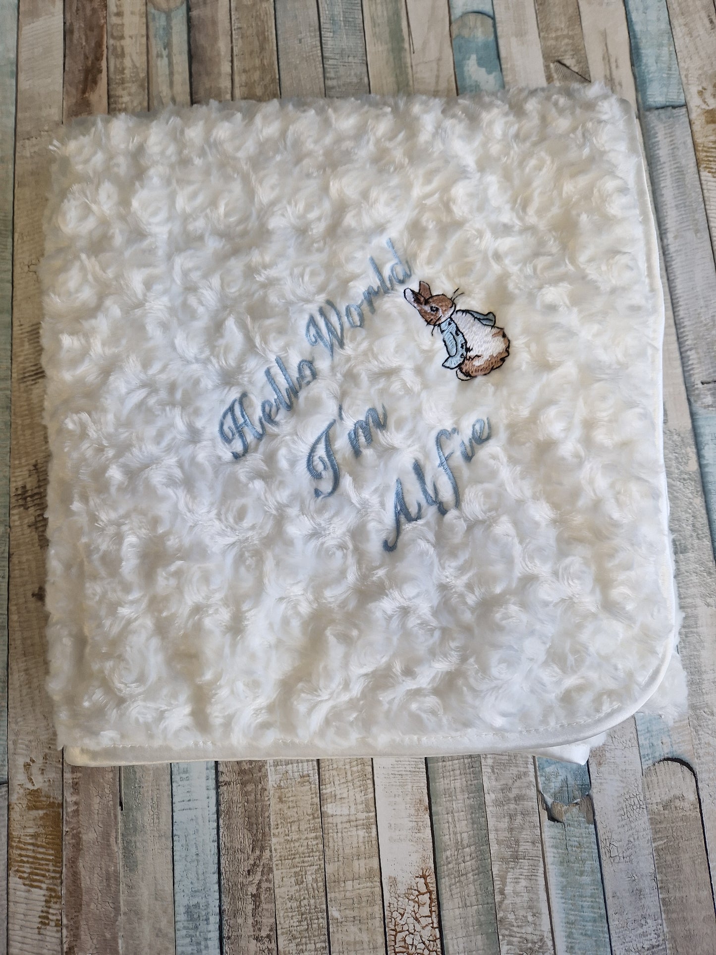 Personalised Hello World White Soft Rose Blanket/Wrap With Embroidered Blue Rabbit Design