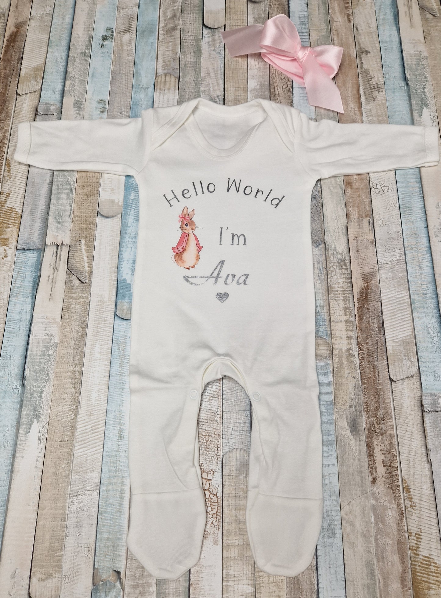 Baby Girls White Personalised Babygro With Hello World  Pink Rabbit